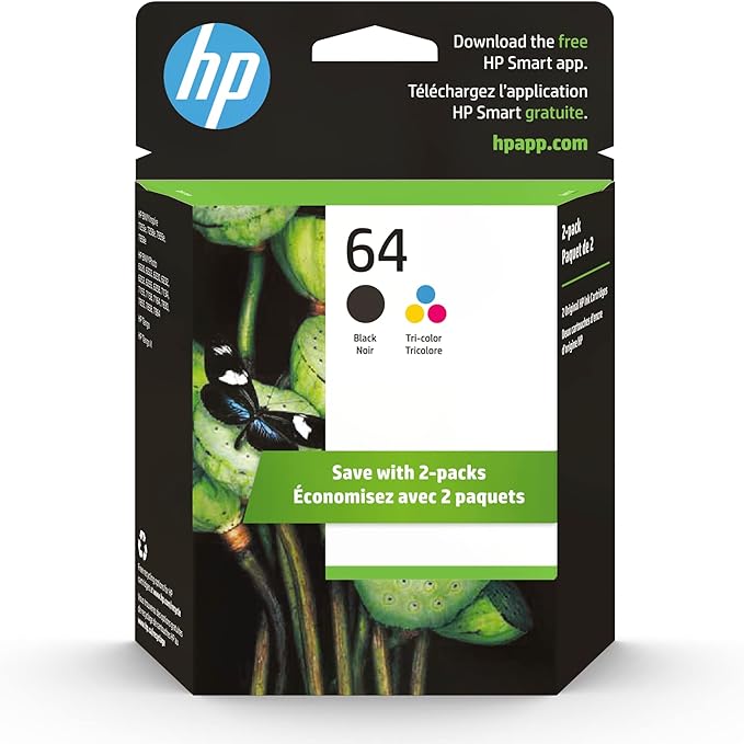 HP 64 2-pack Black/Tri-color Original Ink Cartridges, X4D92AN#140