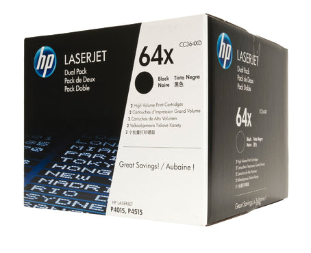 HP 64X High Yield Black Original Toner Cartridge Dual Pack in Retail Packaging, CC364XD (48,000 Pages)